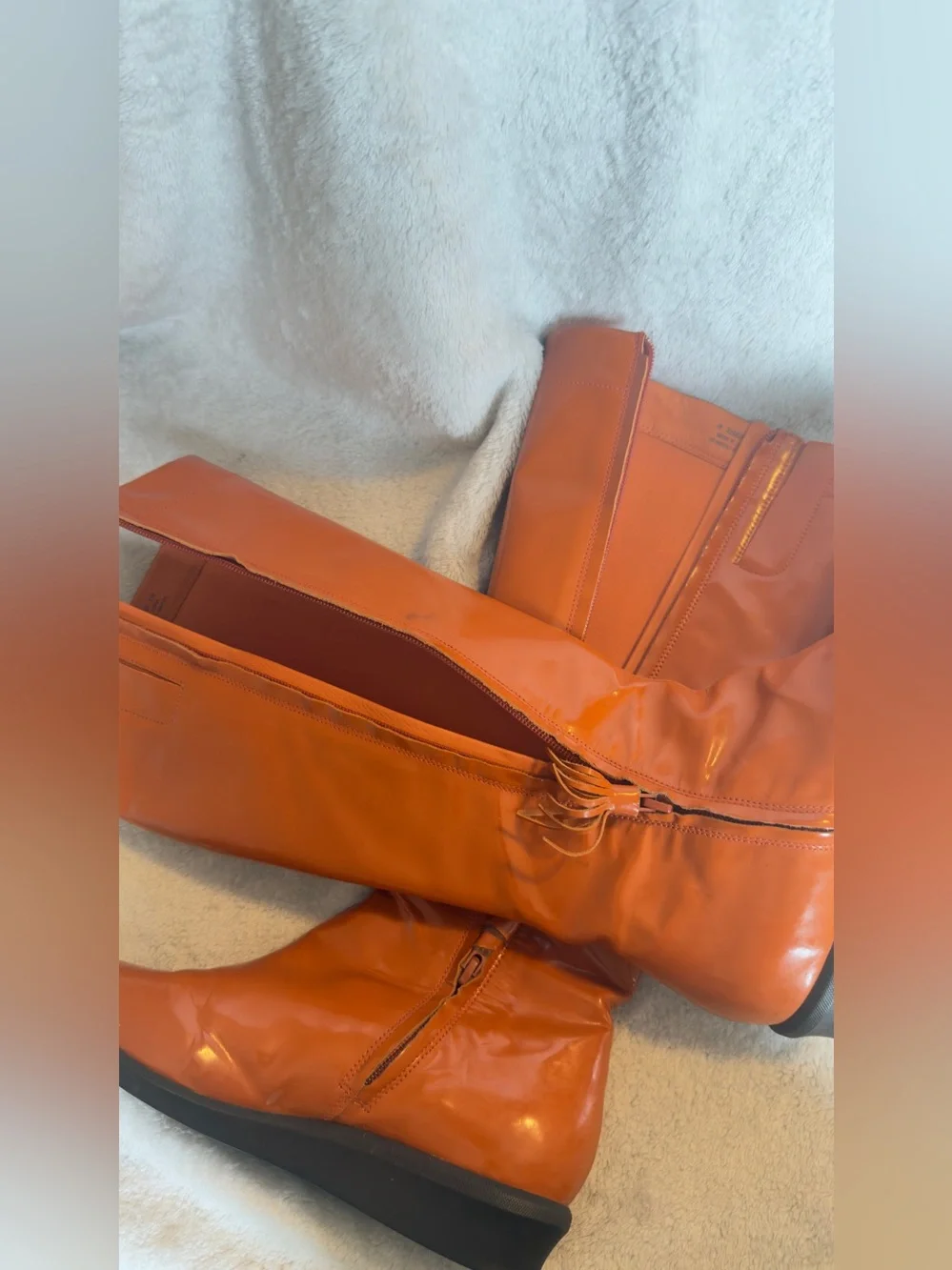 Cole Haan Orange Waterproof Patent Leather Tall Wedge Rain Boots Size 7.5 B